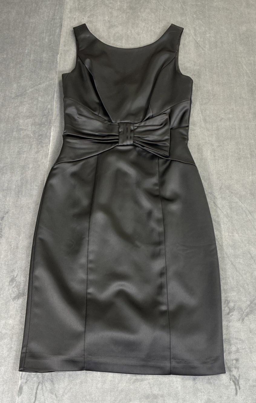 White House Black Market Sleeveless Black Satin Cocktail Dressw/Big Bow, Size 00